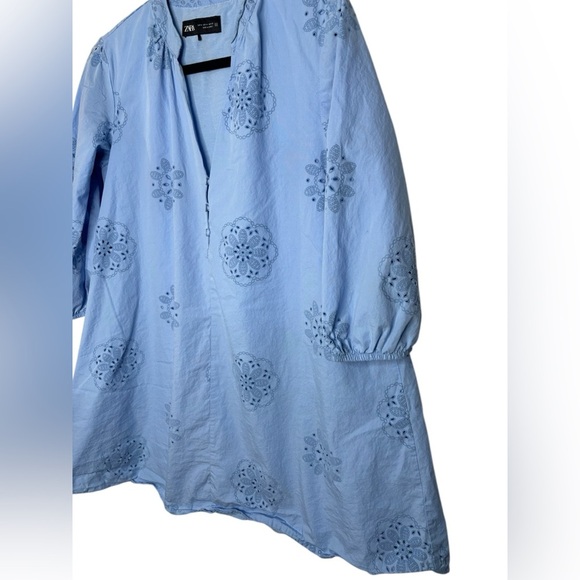 Zara Light Blue Eyelet Floral Mini Dress Long Sleeve Size Medium - Picture 4 of 13